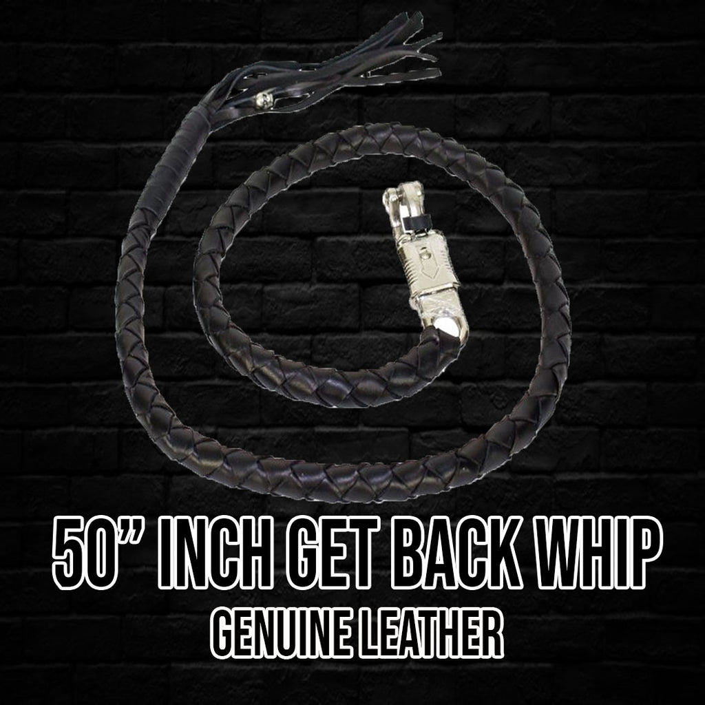 Genuine leather  Hand-braided Fringe at end Heavy duty, solid, stainless steel quick-release buckle Clasp diameter 3/4" x 3/4" 1" inch thick 50" inches long get back whip
