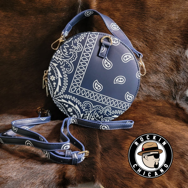 Bandana Print Round Crossbody Purse in Blue Rockin Chicano