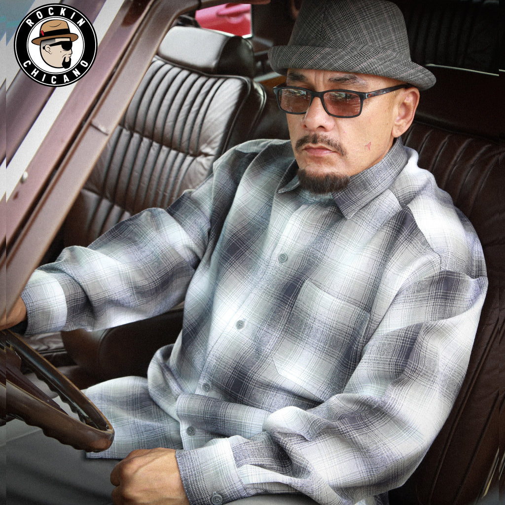 LONG SLEEVE PLAID BUTTON UP SHIRT-LIGHT GRAY/ WHITE