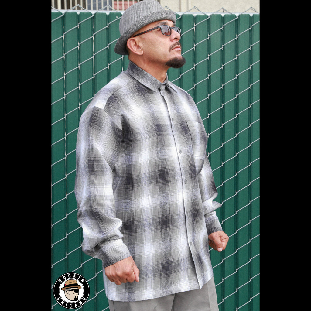 LONG SLEEVE PLAID BUTTON UP SHIRT-LIGHT GRAY/ WHITE