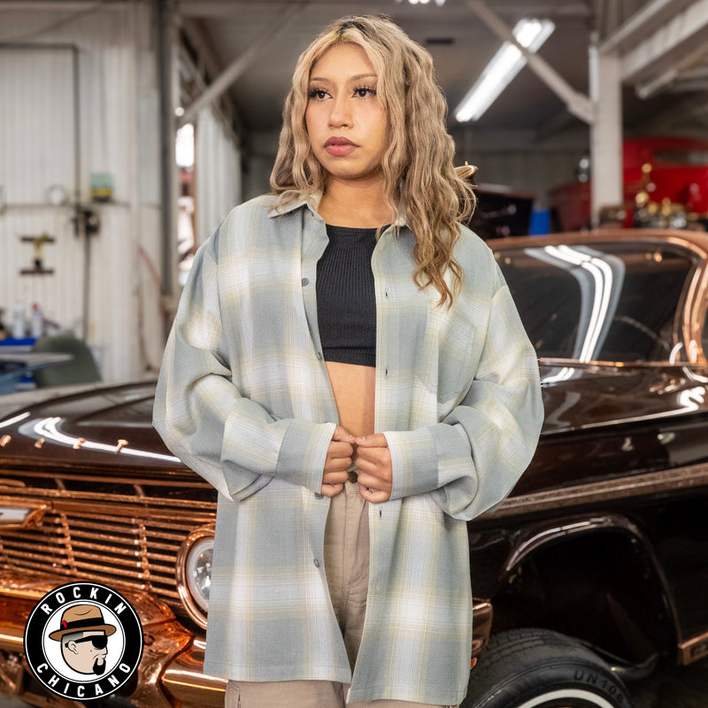 LONG SLEEVE PLAID BUTTON UP SHIRT-MINT/ GRAY
