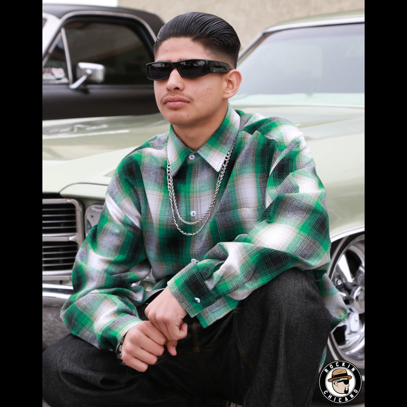 LONG SLEEVE PLAID BUTTON UP SHIRT-GREEN/ WHITE