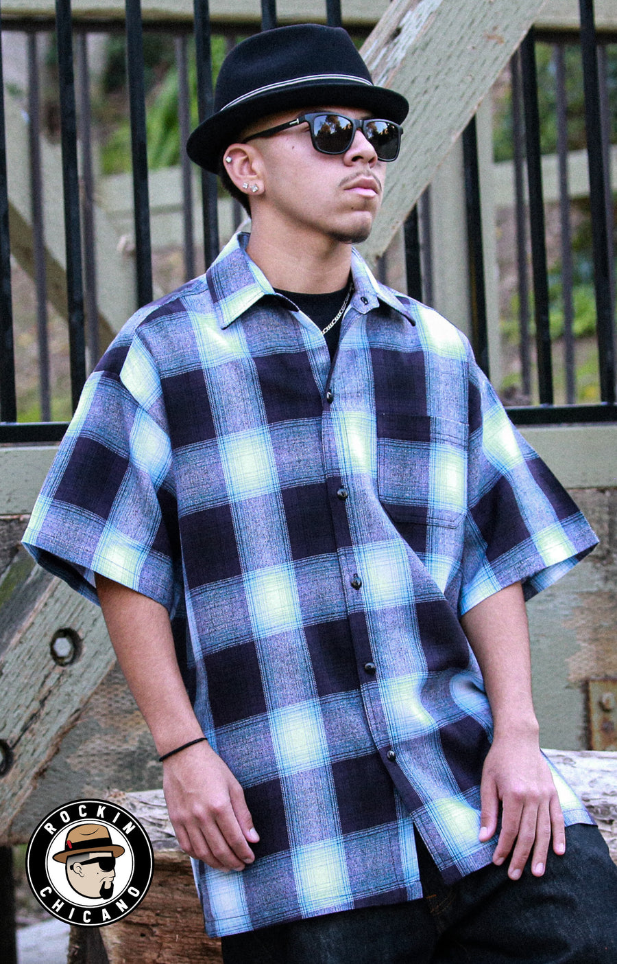 SHORT SLEEVE PLAID BUTTON UP SHIRT- Dark Navy with Blues SHORT SLEEVE PLAID BUTTON UP SHIRT- Dark Navy with Blues
