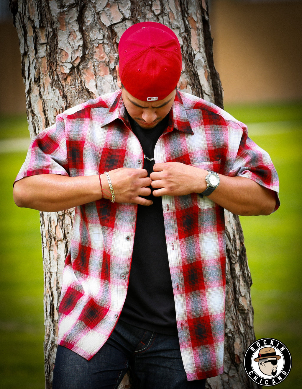 SHORT SLEEVE PLAID BUTTON UP SHIRT- RED