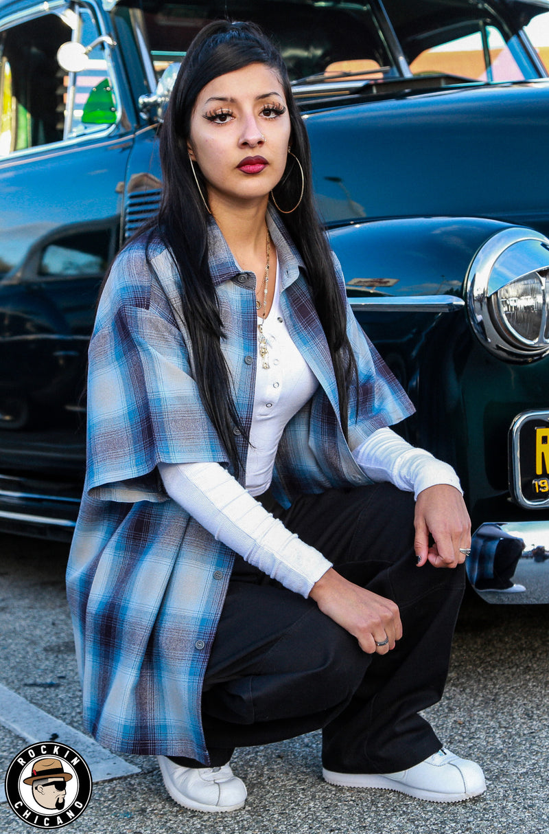 SHORT SLEEVE PLAID BUTTON UP SHIRT-SKY BLUE/ GRAY