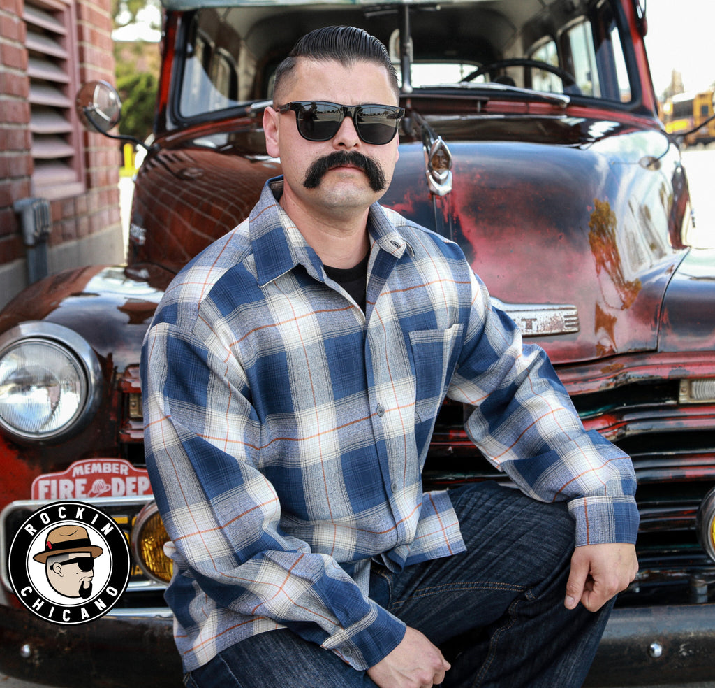 LONG SLEEVE PLAID BUTTON UP SHIRT-BLUE/ ORANGE