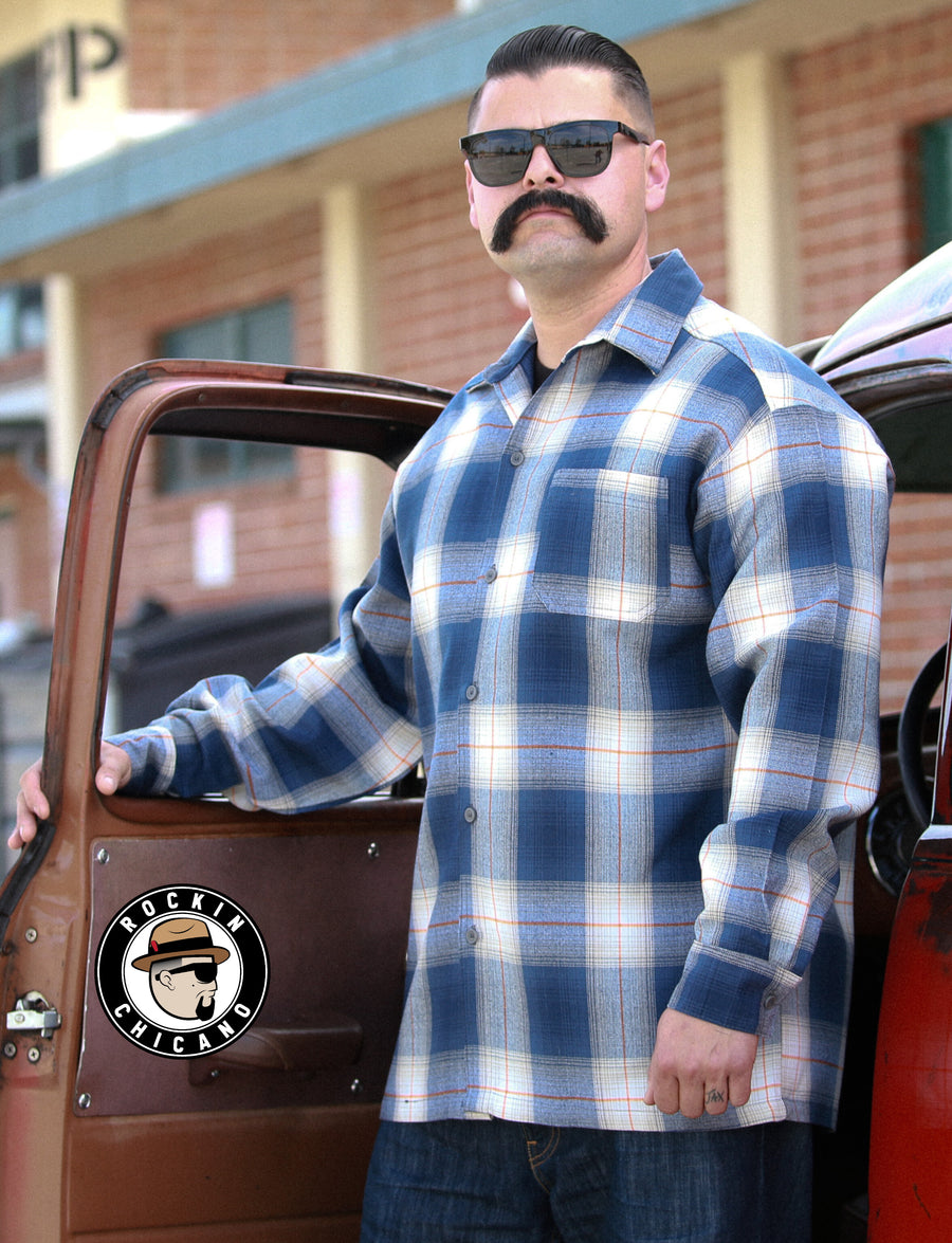 LONG SLEEVE PLAID BUTTON UP SHIRT-BLUE/ ORANGE Rockin Chicano LONG SLEEVE PLAID BUTTON UP SHIRT-BLUE/ ORANGE Rockin Chicano