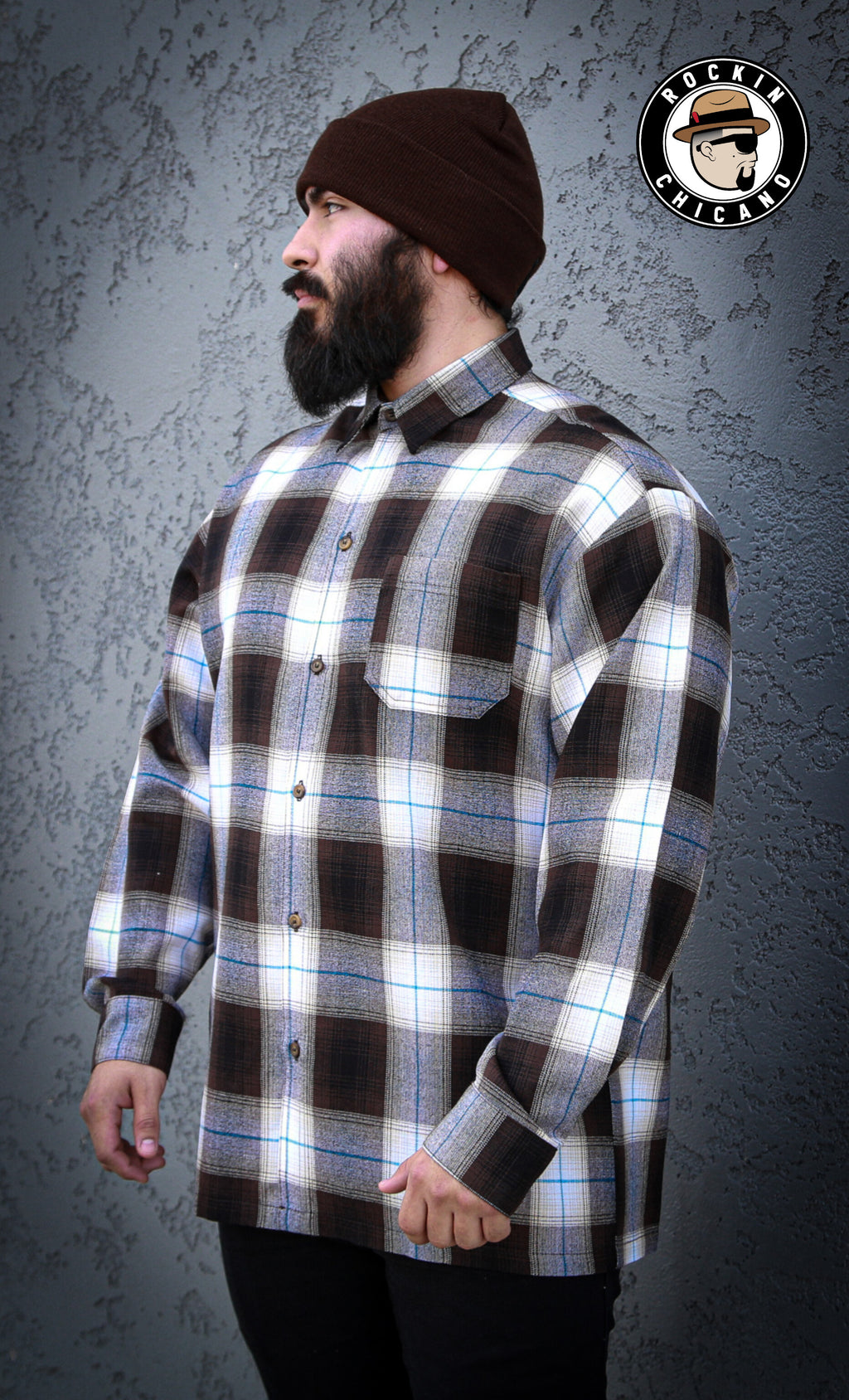 LONG SLEEVE PLAID BUTTON UP SHIRT-BROWN/ BLUE
