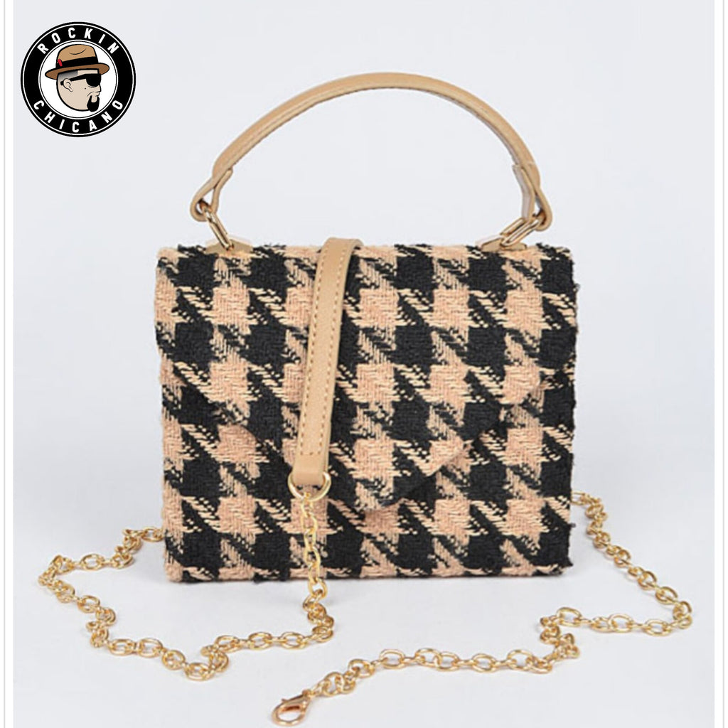 Houndstooth Top Handle Bag Beige and Black