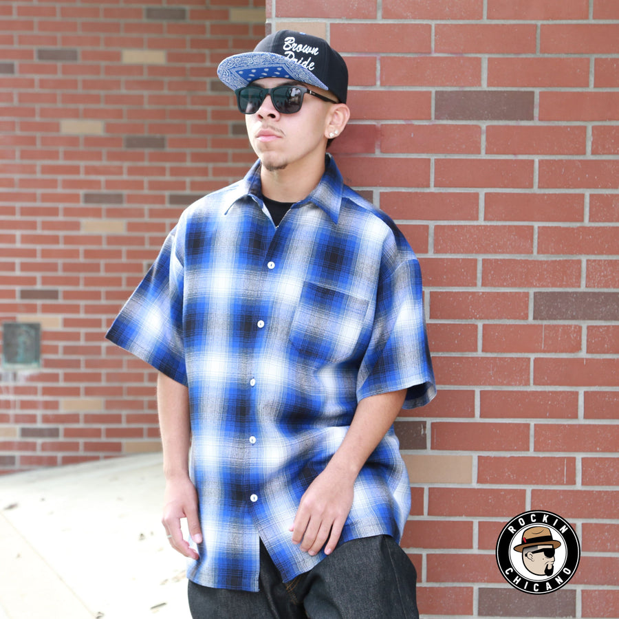 SHORT SLEEVE PLAID BUTTON UP SHIRT-ROYAL BLUE/ WHITE Rockin Chicano SHORT SLEEVE PLAID BUTTON UP SHIRT-ROYAL BLUE/ WHITE Rockin Chicano
