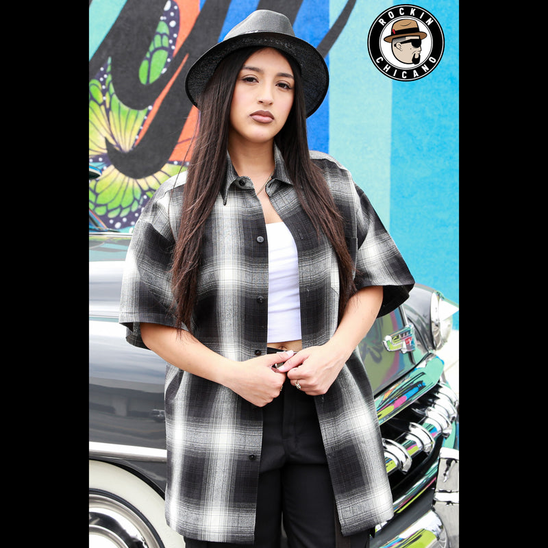 SHORT SLEEVE PLAID BUTTON UP SHIRT-BLACK/ WHITE