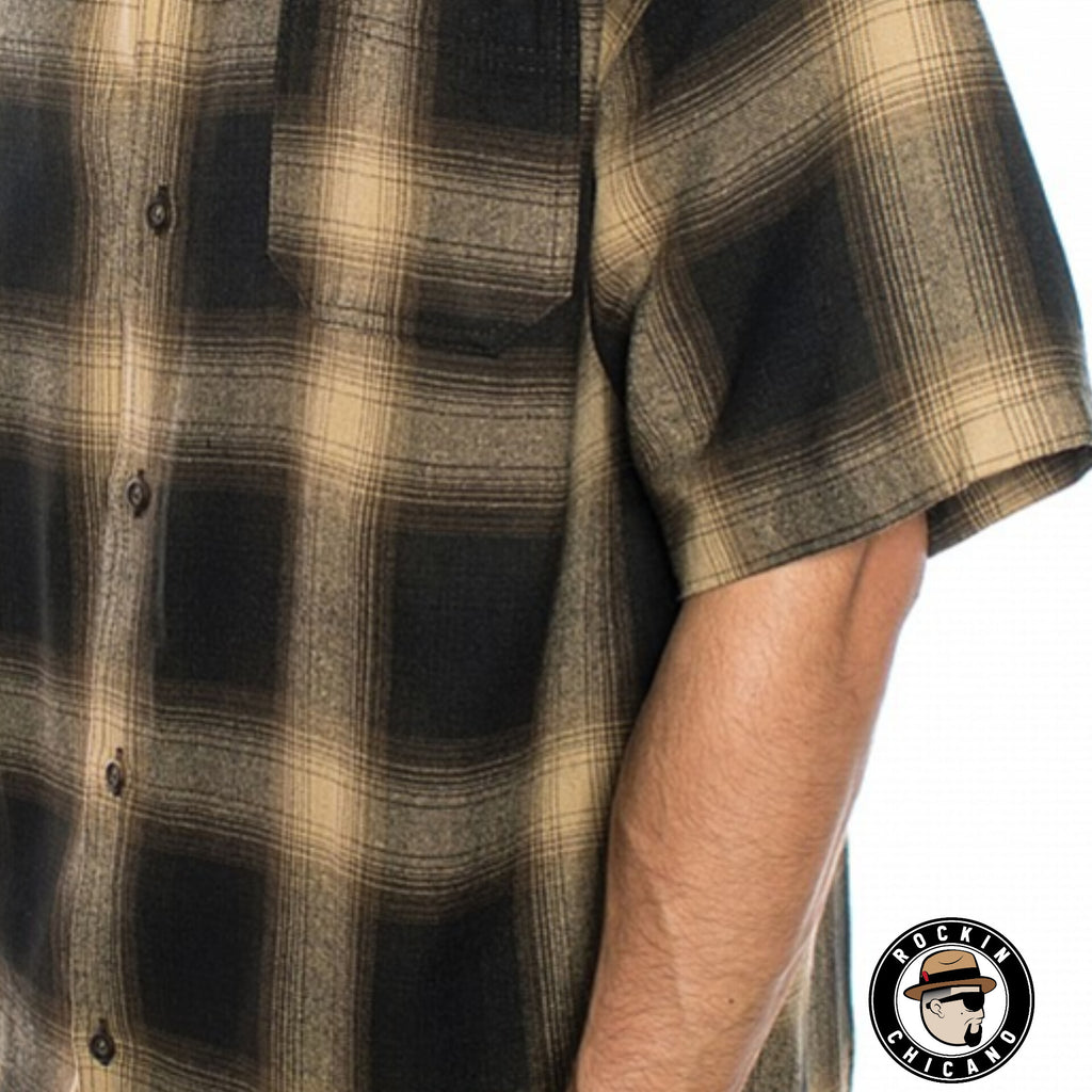 SHORT SLEEVE PLAID BUTTON UP SHIRT-BROWN/ KHAKI