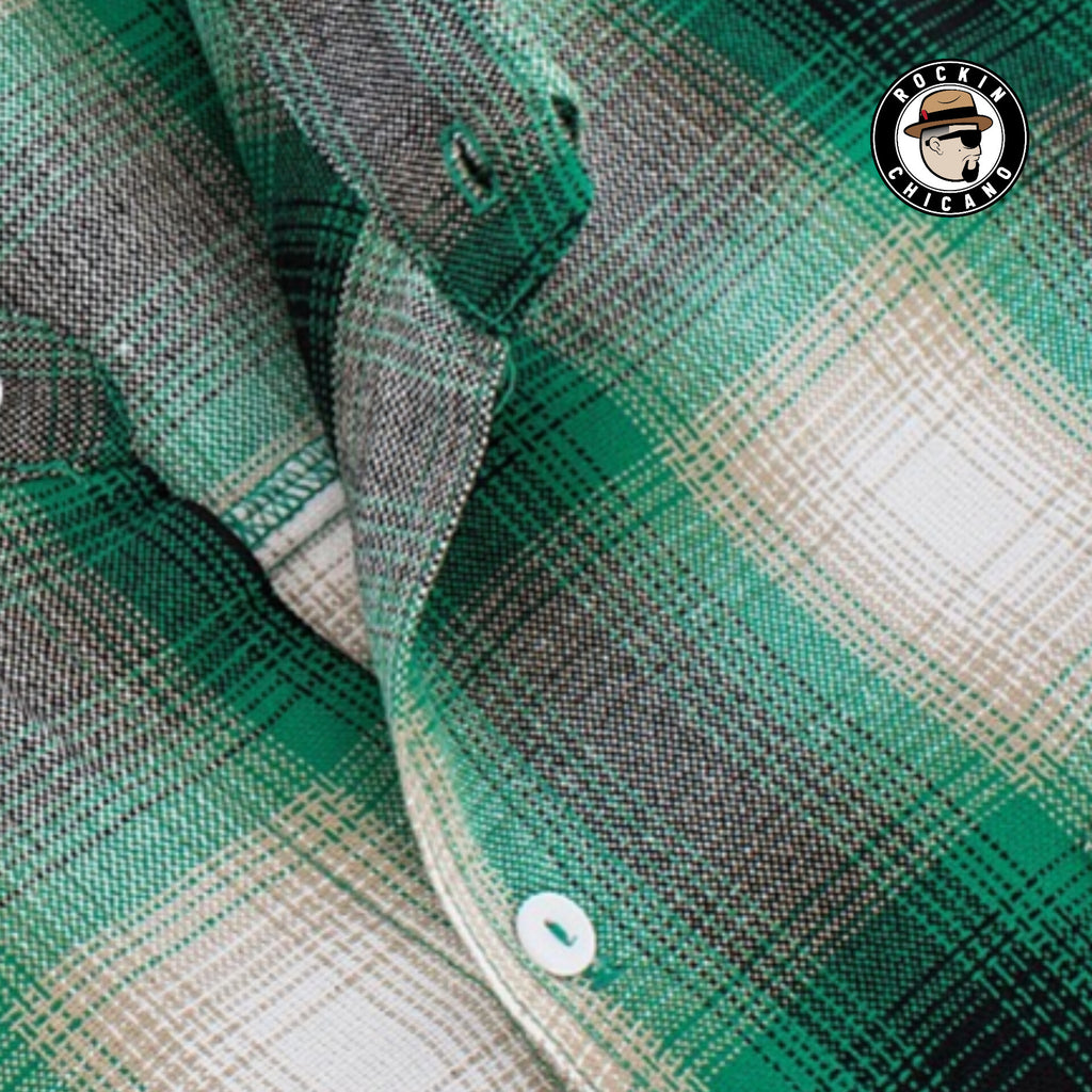 SHORT SLEEVE PLAID BUTTON UP SHIRT-GREEN/ WHITE