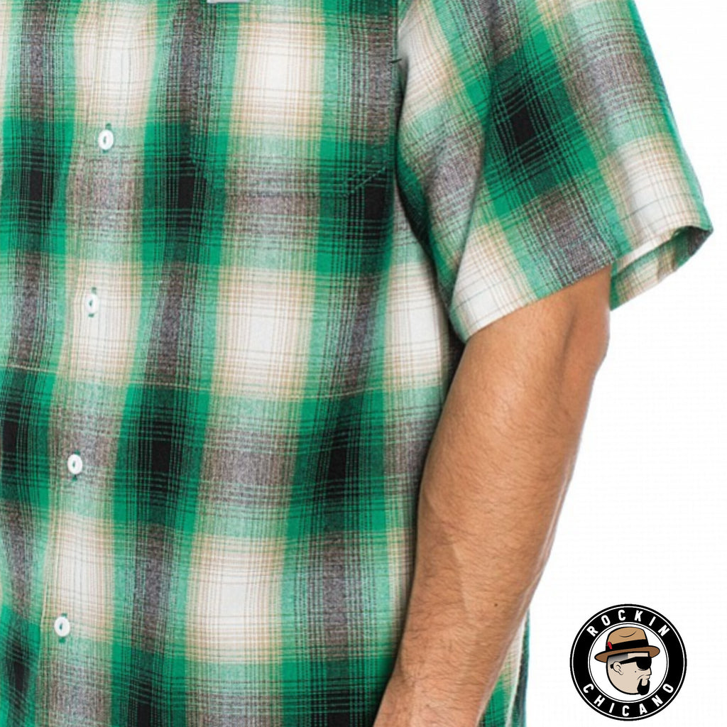 SHORT SLEEVE PLAID BUTTON UP SHIRT-GREEN/ WHITE