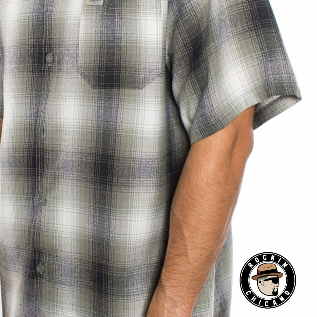SHORT SLEEVE PLAID BUTTON UP SHIRT-LIGHT GRAY/ WHITE