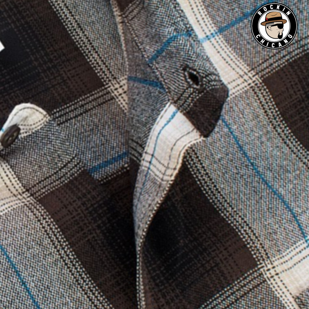 SHORT SLEEVE PLAID BUTTON UP SHIRT-BROWN/ BLUE