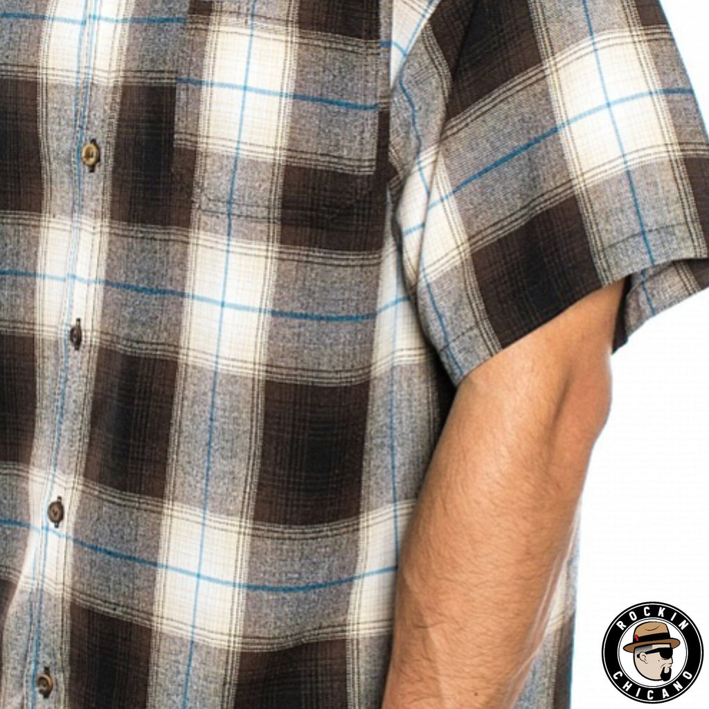 SHORT SLEEVE PLAID BUTTON UP SHIRT-BROWN/ BLUE
