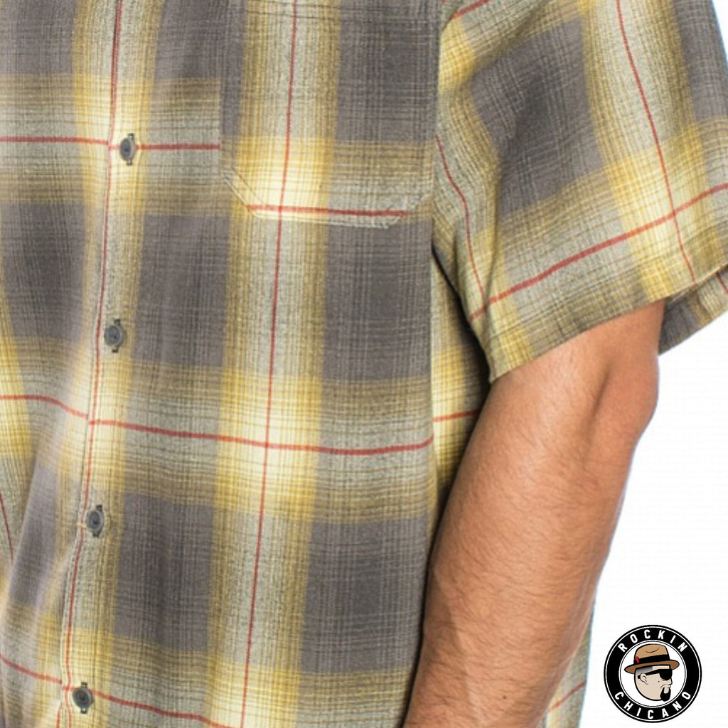 SHORT SLEEVE PLAID BUTTON UP SHIRT- SOFT YELLOW/ GRAY