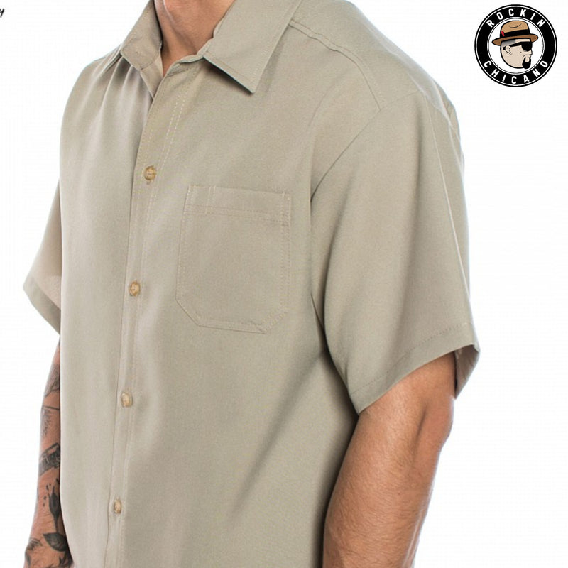 SOLID COLOR SHORT SLEEVE BUTTON UP SHIRT- KHAKI