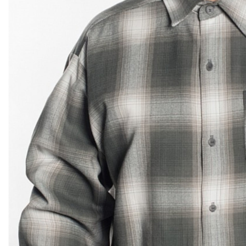 LONG SLEEVE PLAID BUTTON UP SHIRT-PEWTER