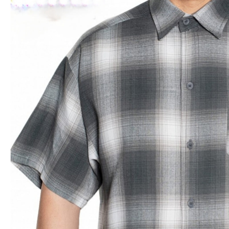 SHORT SLEEVE PLAID BUTTON UP SHIRT- PEWTER