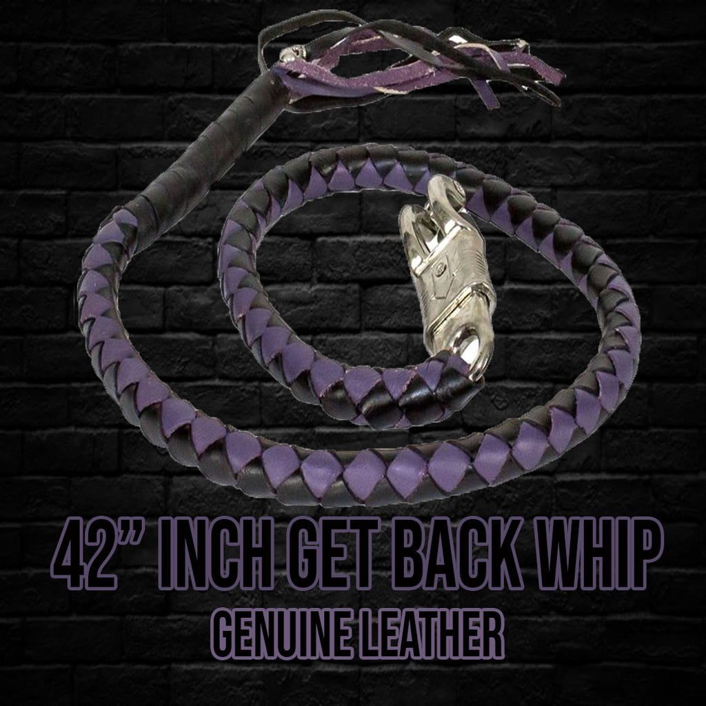 42" Long Black And Purple Get Back Whip Genuine leather  Hand-braided Fringe at end Heavy duty, solid, stainless steel quick-release buckle 42" inches long