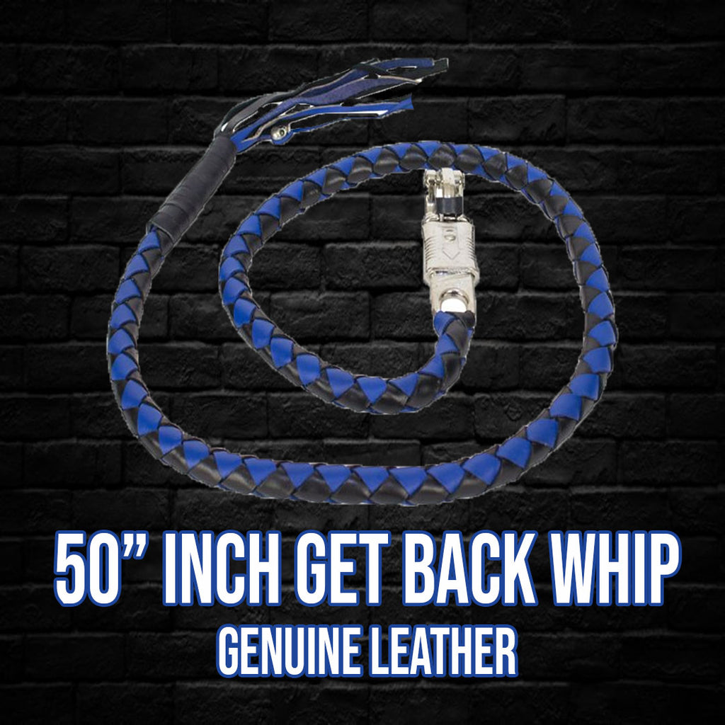 50" Inch Black And Blue Get Back Whip Genuine leather  Hand-braided Fringe at end Heavy duty, solid, stainless steel quick-release panic buckle Clasp diameter 3/4" x 3/4" 1" inch thick 50" inches long